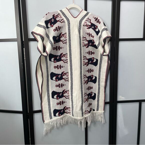 [l] Creme White Knit Holiday Poncho Sweater with Navy Blue & Red Reindeer Print - Picture 6 of 14